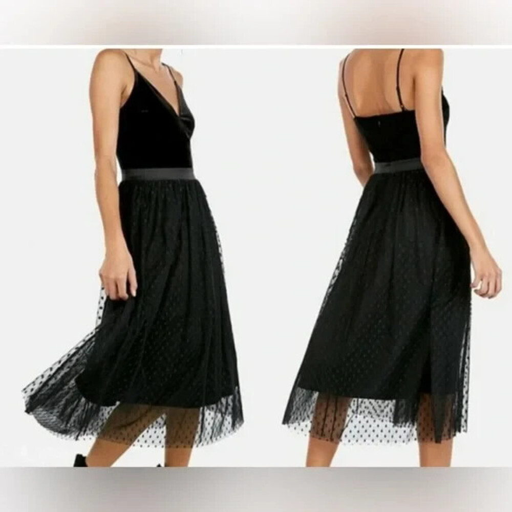 Express Velvet Bodice Polka Dot Tulle Midi Dress Size XS